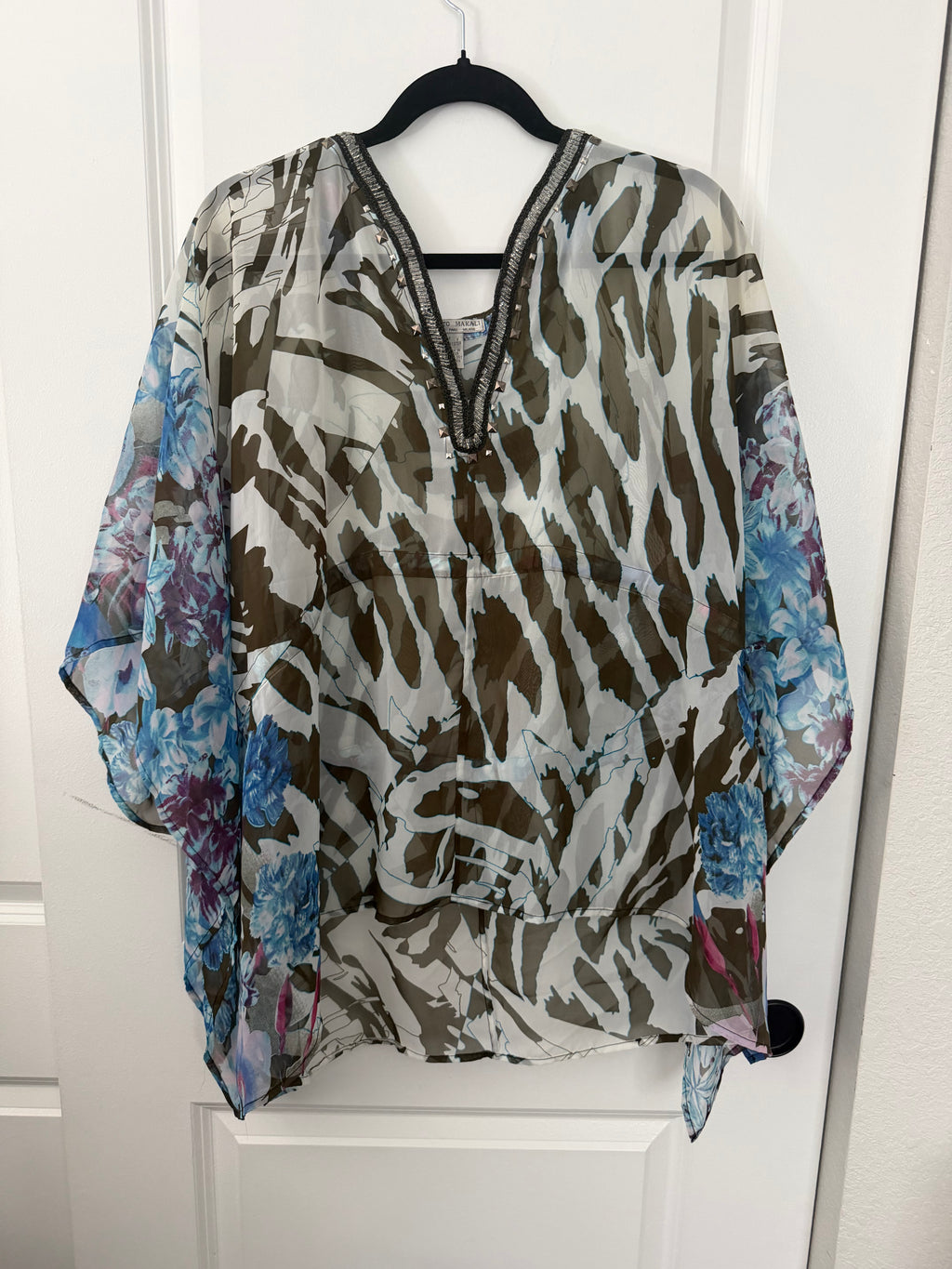 Alberto Makali Embellished Zebra & Floral Sheer Kaftan Top – Size M