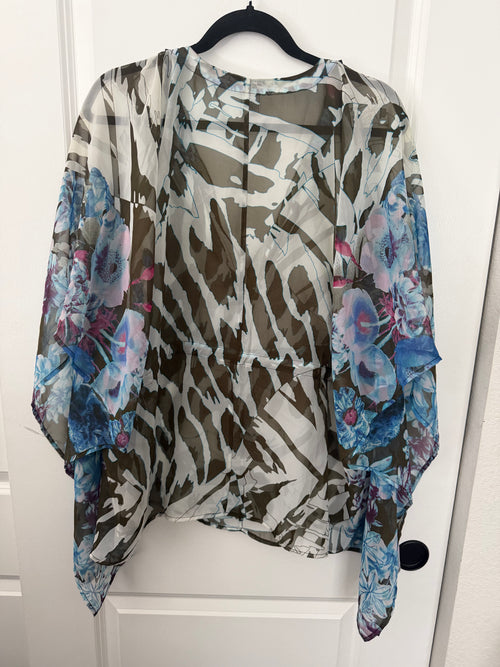 Alberto Makali Embellished Zebra & Floral Sheer Kaftan Top – Size M