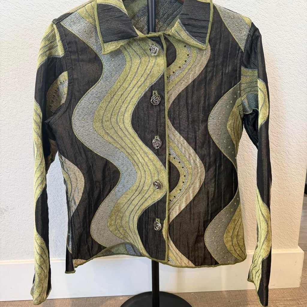 Vintage Winding River Reversible Tapestry Jacket Size Medium Green Grey and Black Wavy Pattern