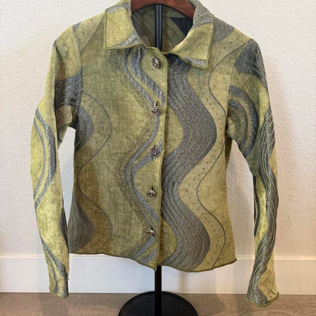 Vintage Winding River Reversible Tapestry Jacket Size Medium Green Grey and Black Wavy Pattern