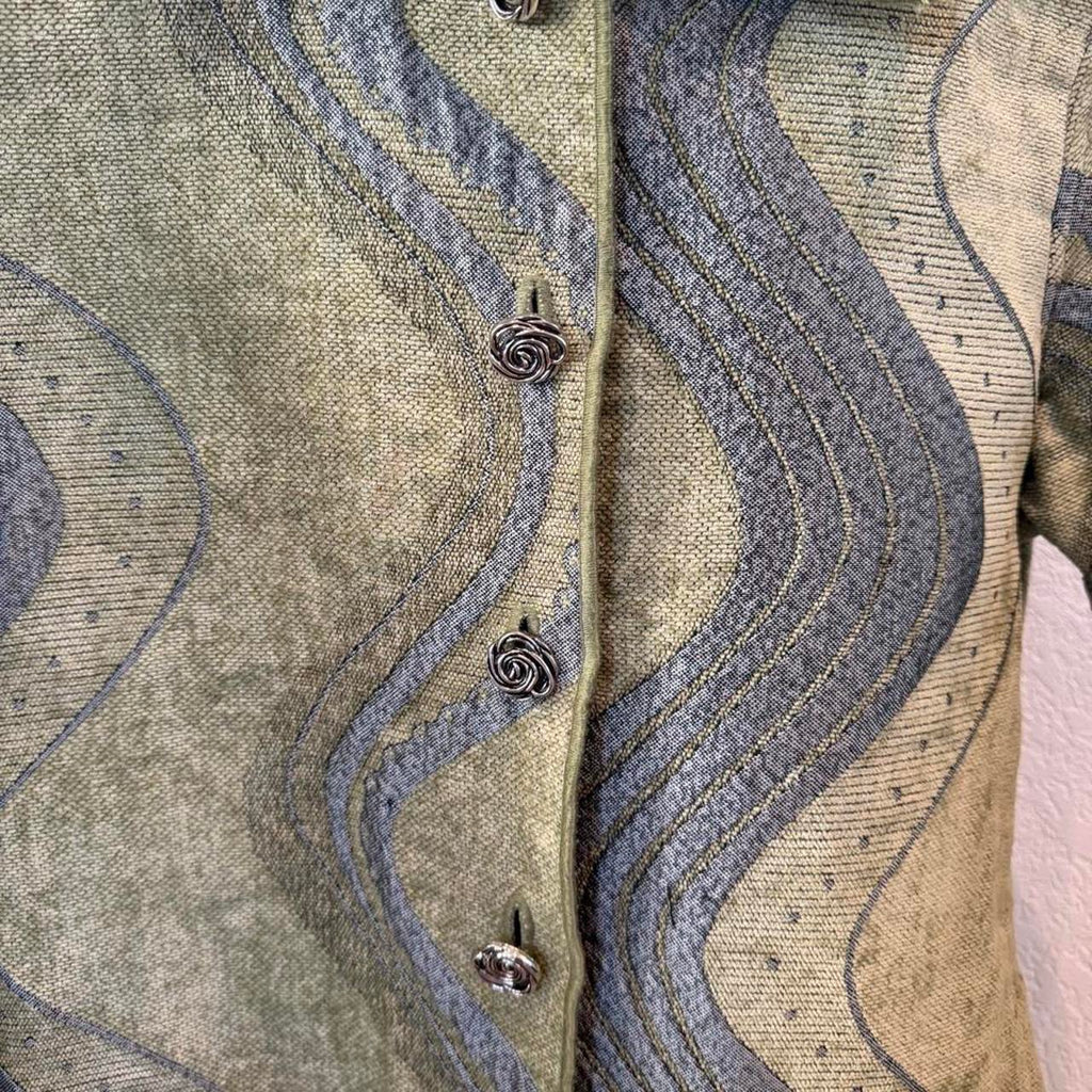 Vintage Winding River Reversible Tapestry Jacket Size Medium Green Grey and Black Wavy Pattern